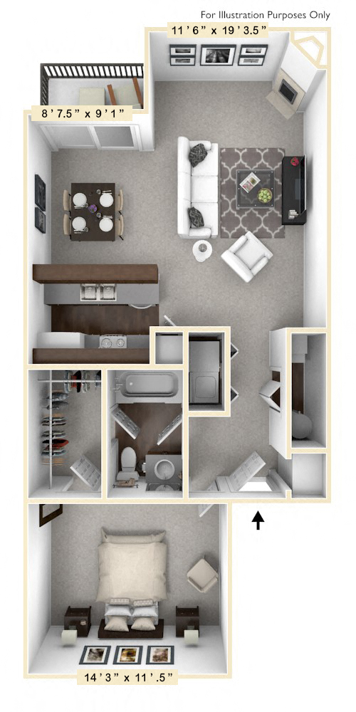 Floor plan for 1 bed, 1 bath, 777 sqft